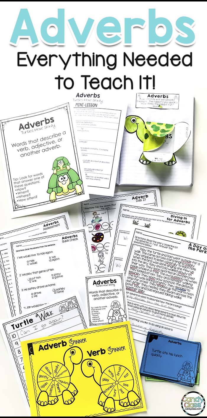 This show a picture of the adverb bundle with anchor charts, mini-lesson, task cards, interactive notebook entry, worksheets, game, and assessments.