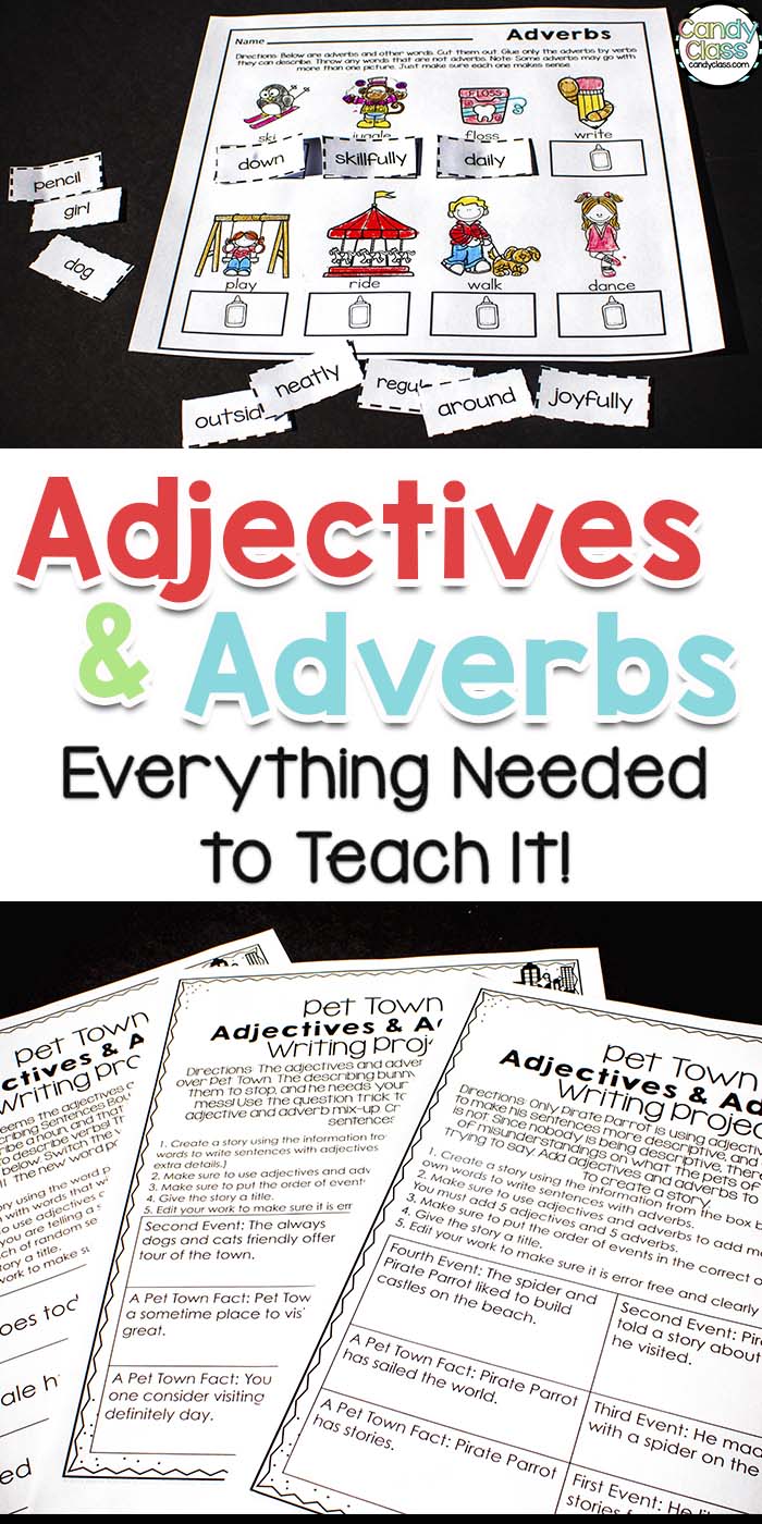This shows examples of the adjectives and adverbs teaching resource bundle.